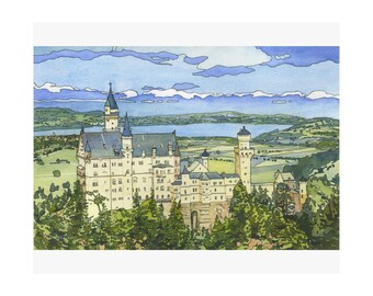 Schloss Neuschwanstein Aquarell Malerei Bavaria Germany Kunst, Europäische Kunst Druck, Handgemachter Artikel Landschaft Europa Giclee