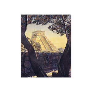 Chichen Itza in Mexico, El Castillo Temple of Kukulcan, Home Decor Prints, Travel Wall Art, Fine Art Posters, Watercolor Mayan Ruins