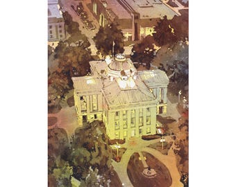 Raleigh NC State Capitol Building Watercolor Art Print Decor Handmade Landscape colorful landscape painting interior design North Carolina
