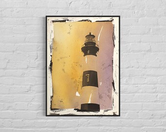 Colorful painting Bodie Island lighthouse OBX, trendy wall art watercolor landscape painting North Carolina Outer Banks (digital download)