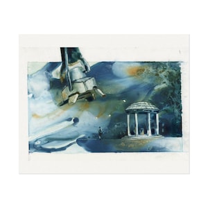 May include: Watercolor painting depicting a surreal landscape with a futuristic spacecraft descending towards a classical gazebo. The artwork features a palette of blues, whites, and touches of orange, with a small figure standing near the gazebo.