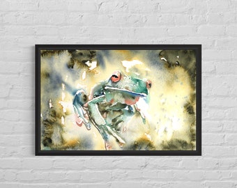 Colorful watercolor painting frog nursery decor, fine art wildlife painting frog trendy wall art giclee kids room art (digital download)