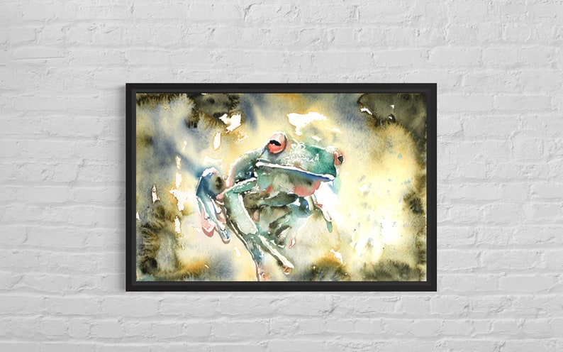 Colorful watercolor painting frog nursery decor, fine art wildlife painting frog trendy wall art giclee kids room art digital download image 1