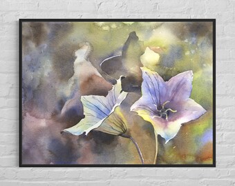 Watercolor painting Balloon flowers garden colorful wall art, handmade item floral art interior design trendy wall art (digital download)