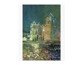 Impresión en acuarela de la Catedral de Cusco, Plaza de Armas, Perú, decoración de viaje, arte de pared, casa batik colorida, artículo esencial hecho a mano, diseño de interiores