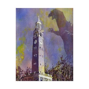 UNC Belltower Monster Attack at Dusk Art, Funny Graduation Gift, Chapel Hill Landscape University of North Carolina Dorm Room Poster Print image 2