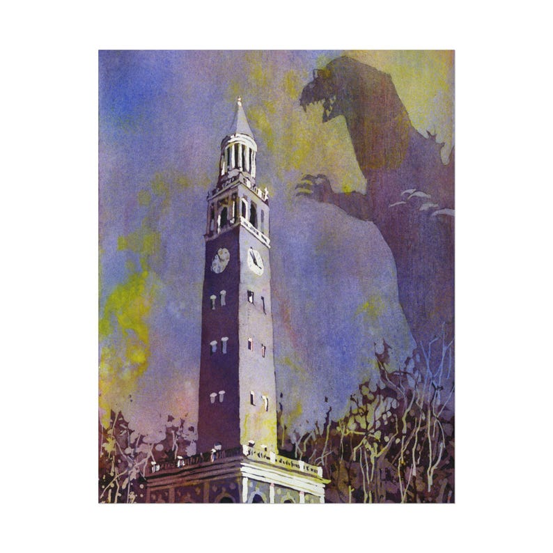 UNC Belltower Monster Attack at Dusk Art, Funny Graduation Gift, Chapel Hill Landscape University of North Carolina Dorm Room Poster Print image 2