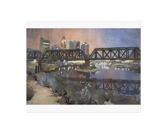 May include: Watercolor painting of a cityscape at dusk. A dark metal bridge spans a river, with city lights reflecting in the water. The skyline features tall buildings under a dusky sky.