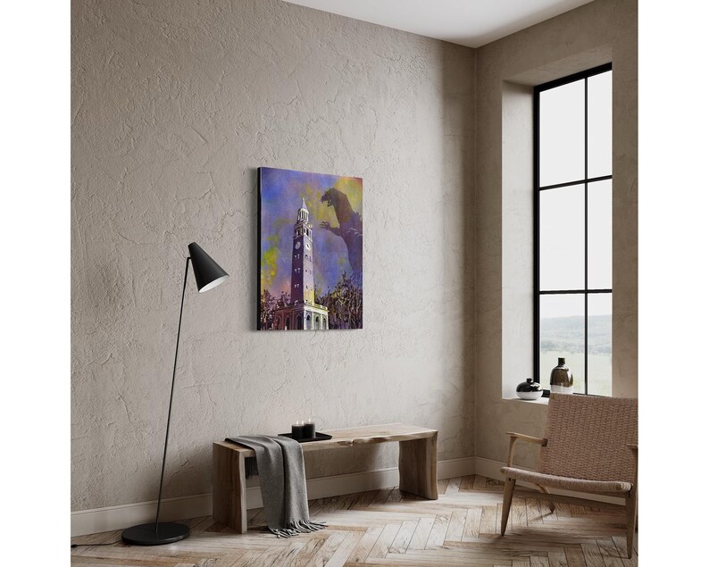 UNC Belltower Monster Attack at Dusk Art, Funny Graduation Gift, Chapel Hill Landscape University of North Carolina Dorm Room Poster Print image 4
