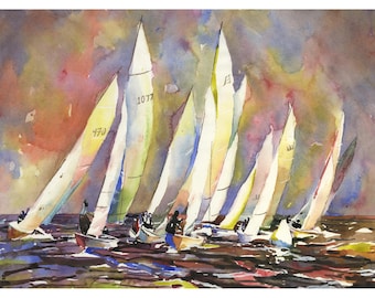 May include: A watercolor painting depicting a group of sailboats with white sails on dark, choppy water. The sails are marked with numbers like 470 and 1077. The background features a dramatic, blended sky in shades of purple, red, and yellow.