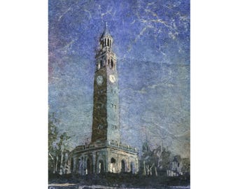 UNC Belltower at Dusk in Chapel Hill, NC Art, Alumni Graduation Present, College Dorm Room Decor, Landscape Print, Textured Poster