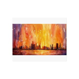 Poster, acquerello con tramonto sullo skyline di Chicago, stampa artistica da parete per la casa, opera d'arte con paesaggio urbano, stampa di paesaggio urbano, arte da parete per ufficio,