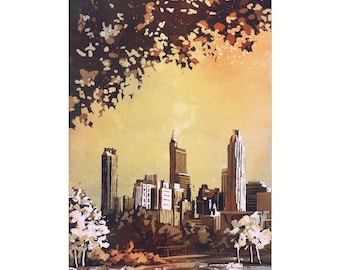Raleigh Skyline NC Cityscape Watercolor Landscape Art, Unframed House Interior Decor, Handmade Item Poster North Carolina Artwork
