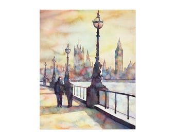 May include: Watercolor painting of a London cityscape featuring Big Ben and the Houses of Parliament. Two figures walk along a pathway lined with ornate lampposts. The sky is a blend of yellow, orange, and pink hues.
