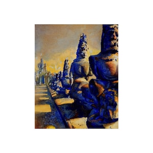 May include: An artistic rendering of a row of statues, each with a detailed face and ornate headdress. The statues are primarily blue and gray, set against a yellow and brown sky, creating a sense of depth and history.