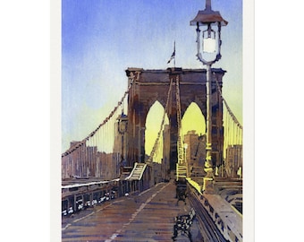 Aquarellgemälde der Brooklyn Bridge, Skyline von Manhattan, farbenfroher Posterdruck