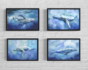 Colorful watercolor painting humpback whale nautical ocean artwork trendy wall art beach house decor whale art wildlife (digital download)