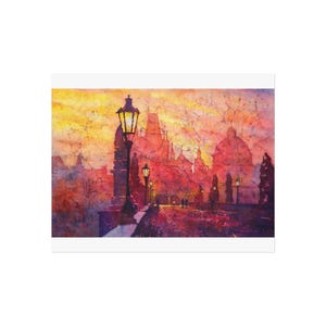 Fine Art Posters, Watercolor Batik Painting of Statues on Charles Bridge in Prague - Czech Republic, Wall Art Print, Home Decor, Travel