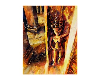Angkor Wat-templet Sydostasien Apsara Basrelief Akvarell Konst Poster | Handgjord Konst för Hem Kambodjansk Inredning Tryck