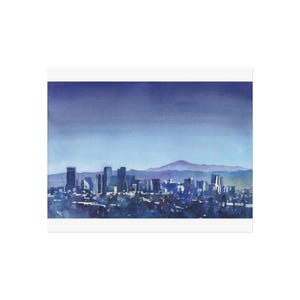 Denver, Colorado skyline at dusk w Rock Mountains background.  Colorado Denver CO skyline blue watercolor art handmade item art for house
