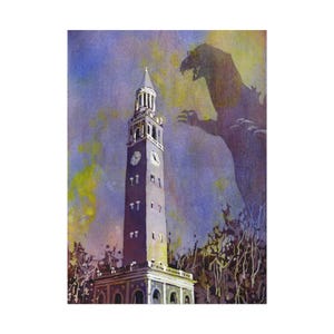 UNC Belltower Monster Attack at Dusk Art, Funny Graduation Gift, Chapel Hill Landscape University of North Carolina Dorm Room Poster Print image 1