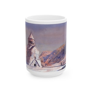 Ceramic Mug, Khor Noravank Monastery Watercolor Art, Armenia Cup for Coffee and Tea, Colorful Religious Handmade Gift, 11oz 15oz Size