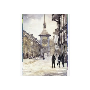 Watercolor Bern Switzerland Fine Art Poster Print, UNESCO City Street Sunset Wall Art Decor, Gift for Travelers, Swiss Heritage Painting,