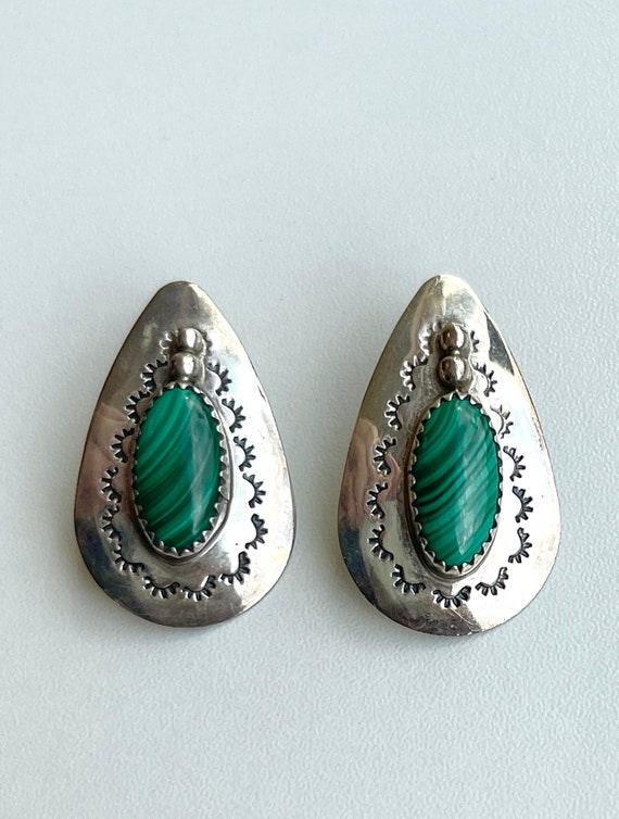 Malachite Green Stone Sterling Silver Post Earrin… - image 1