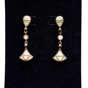 Vintage Pink Opal Inlay Sterling Silver Dangle Post Earrings Native Navajo Made