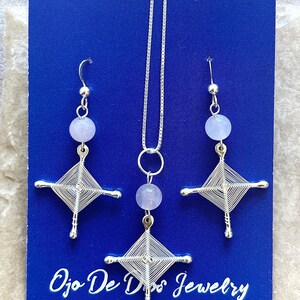Ojo De Dios Gods Eye Sterling Silver with Rose Quartz Necklace and Earirng Jewelry Set.