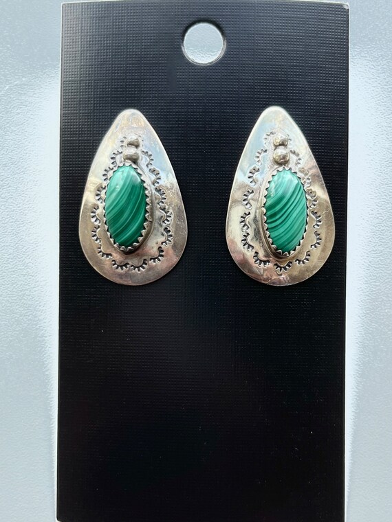 Malachite Green Stone Sterling Silver Post Earrin… - image 2
