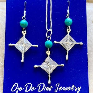Ojo De Dios Gods Eye Sterling Silver with Turquoise Necklace and Earirng Jewelry Set.