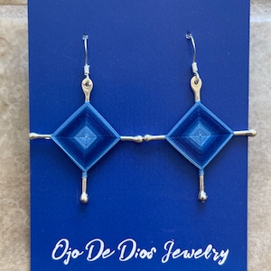 Ojo De Dios Gods Eyes Sterling Silver Dangle Earrings Dark Blue Large