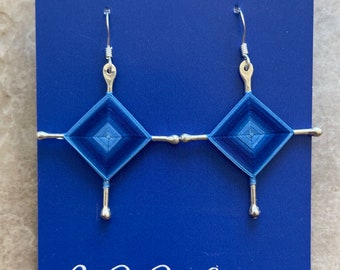 Ojo De Dios Gods Eyes Sterling Silver Dangle Earrings Dark Blue Large