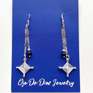 Ojo De Dios Gods Eyes Sterling Silver Earrings with Black Obsidian Beads.
