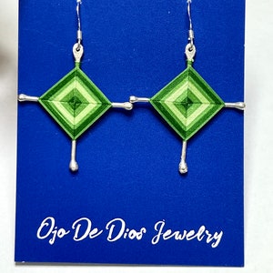 Ojo De Dios Gods Eyes Sterling Silver Dangle Earrings Green Large
