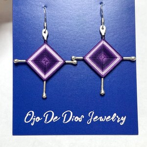 Ojo De Dios Gods Eyes Sterling Silver Dangle Earrings Purple Large