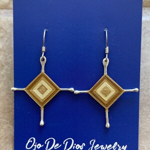 Ojo De Dios Gods Eyes Sterling Silver Dangle Earrings tan beige brown