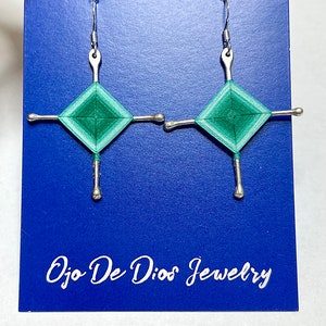 Ojo De Dios Gods Eyes Sterling Silver Dangle Earrings Teal Blue Green