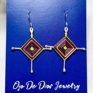 Ojo De Dios Gods Eyes Sterling Silver Dangle Earrings Traditional Multi Color Large
