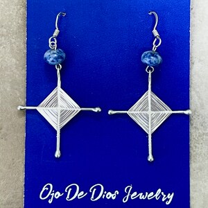 Ojo De Dios Gods Eyes Sterling Silver Dangle Earrings Size Large with Sodalite Beads