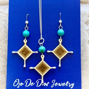 Ojo De Dios Gods Eye Sterling Silver Tan Brown with Turquoise Necklace and Earirng Jewelry Set.