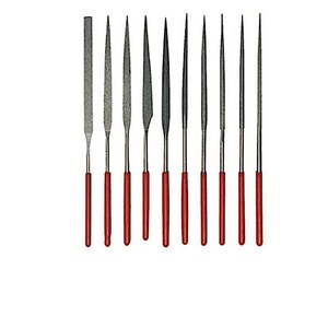 May include: A set of ten needle files with red handles. The files are arranged vertically against a white background. The files are made of metal and have various shapes for detailed work.