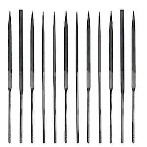 May include: A collection of twelve needle files, each with a dark grey finish. The files are arranged vertically against a white backdrop. The files have various shapes, including round, square, and triangular.