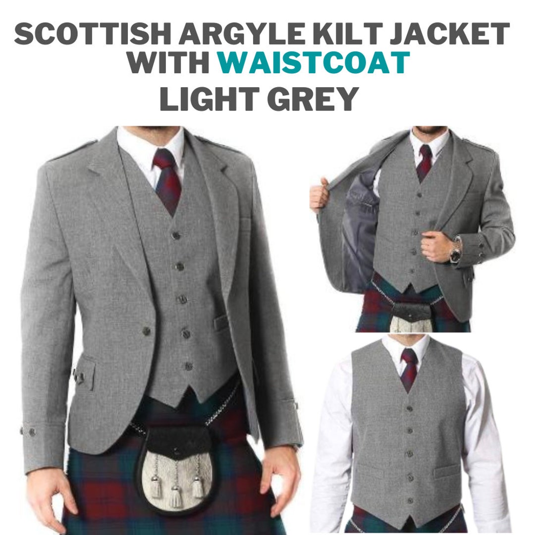Men Gray Kilt Jacket and Waistcoat Argyle Wool Kilt Jacket and Vest