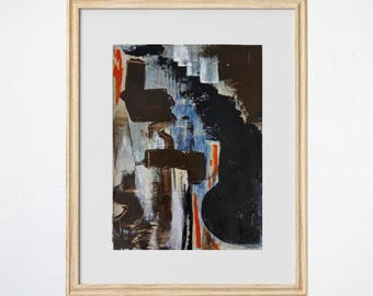 Textured Abstract Painting: Black, Blue & Burnt Orange Acrylic Art (8x10 Unframed)