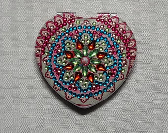 Diamond Art Heart-shaped Compact Mirror - Red and Blue