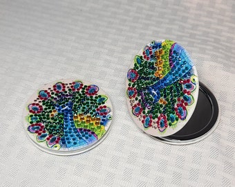 Diamond Art Round Compact Mirror - Blue and Green - Peacock