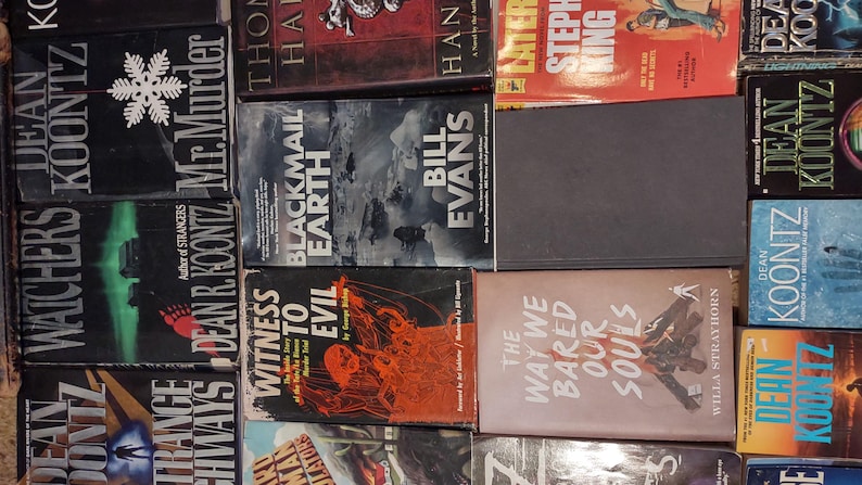 K&ouml;nnte beinhalten: Eine Sammlung verschiedener Taschenb&uuml;cher und gebundener B&uuml;cher, die in einem Raster angeordnet sind. Zu den Titeln geh&ouml;ren Mr. Murder von Dean Koontz, Blackmail Earth von Bill Evans, Witness to Evil und The Way We Bared Our Souls von Willa Strayhorn.