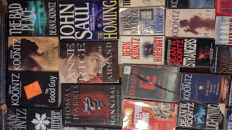 K&ouml;nnte beinhalten: Eine Sammlung verschiedener Taschenb&uuml;cher, die in einem Raster angeordnet sind und Titel von Autoren wie Dean Koontz, John Saul, Anne Rice und Thomas Harris zeigen. Die Einb&auml;nde weisen diverse grafische Designs auf, darunter Portr&auml;ts und Texte.